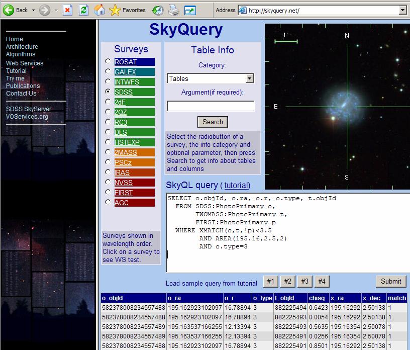 SkyQuery: http://skyquery.net/ Distributed Query tool using a set of web services Four astronomy archives from Pasadena, Chicago, Baltimore, Cambridge (England).