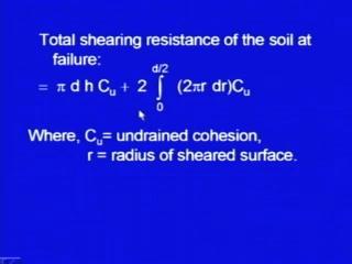 (Refer Slide Time: 10:17) Total shearing resistance of the soil at failure will be equal to, it would take along the periphery of the cylinder phi into d; this is the perimeter into h, so this