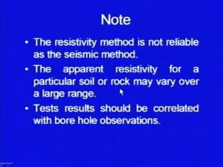 (Refer Slide Time: 07:46) Here, I would like to put a note, that the resistivity method is not very reliable method; the apparent resistivity for a