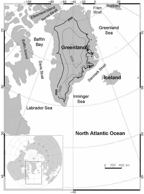 SCHUENEMANN AND CASSANO: GREENLAND PRECIPITATION, 1 Figure 1. Map of analysis domain with inset map showing domain location relative to the pan-arctic.