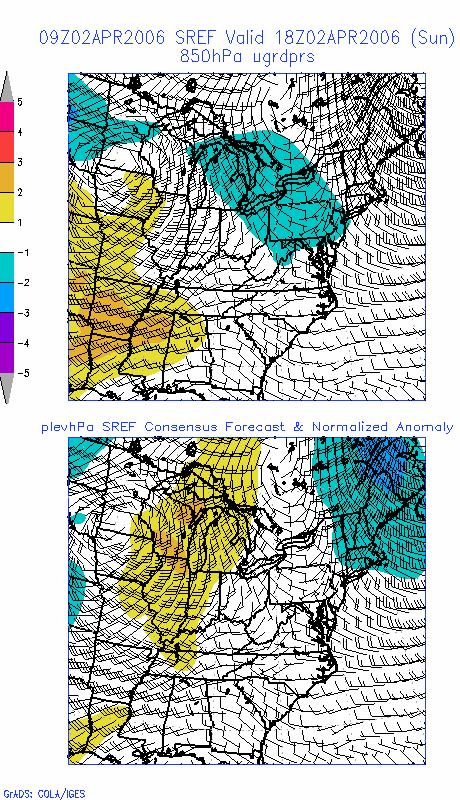 Figure 4 As in Figure 2 except 850 hpa winds with upper panel showing U-wind anomalies and lower panel showing V-wind anomalies.