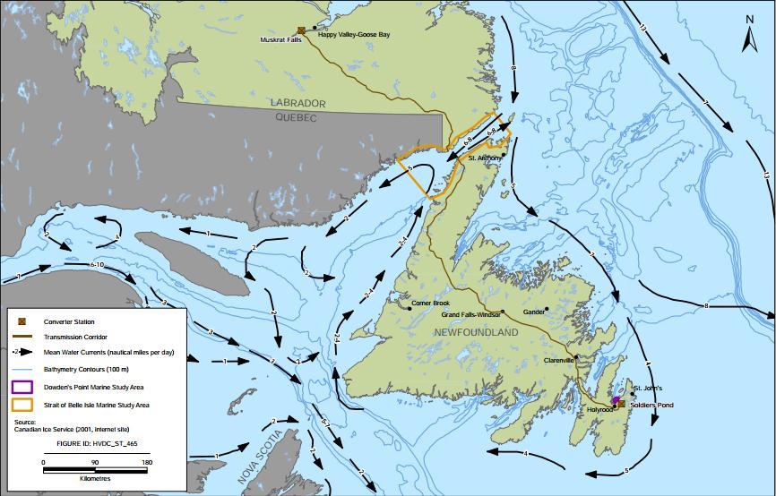 which flows north from the Gulf of St. Lawrence [3]. The south flowing Labrador Current tends to hug the Labrador coastline as it flows through the Strait.