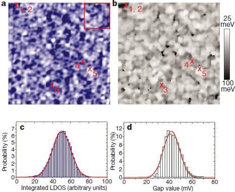 Spatial inhomogeneities in BISCCO [ NATURE 413, 282 (2001) ] A LDOS map and superconducting gap map with their associated statistical results.
