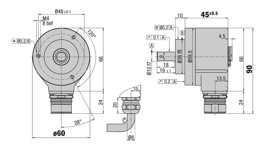 Incremental Encoder DRS/DRS, face mount flange up to 8,2 Dimensional drawing face mount flange radial Incremental Encoder Connector or cable outlet Protection class up to IP s TTL
