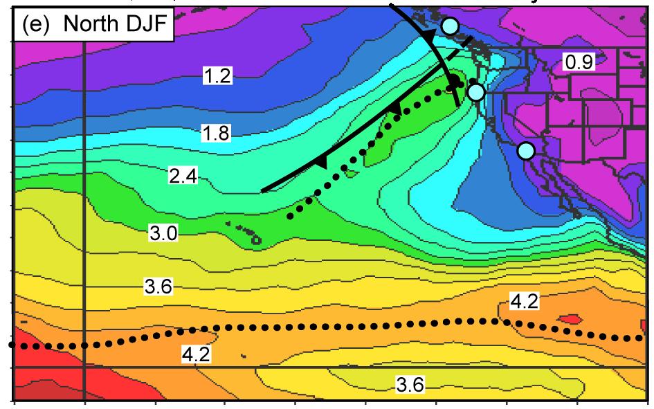 Composite Mean Reanalyses focus on North Coast Winter IWV (cm) Composite mean SSM/I axes Daily rain (mm) Winter (DJF) The daily gridded NCEP NCAR reanalysis