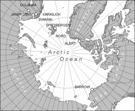 Locations of Long-term Arctic Aerosol Composition Monitoring Stations Russian