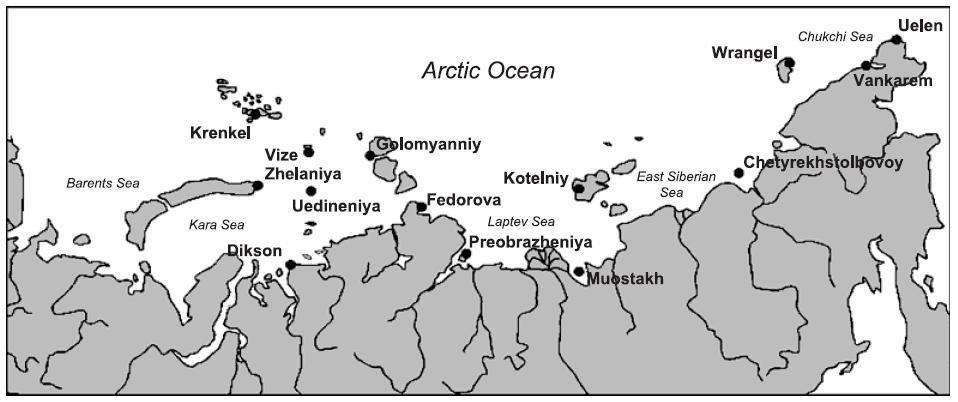 Locations of actinometric stations in the Russian Arctic Operated from the 50-60s until