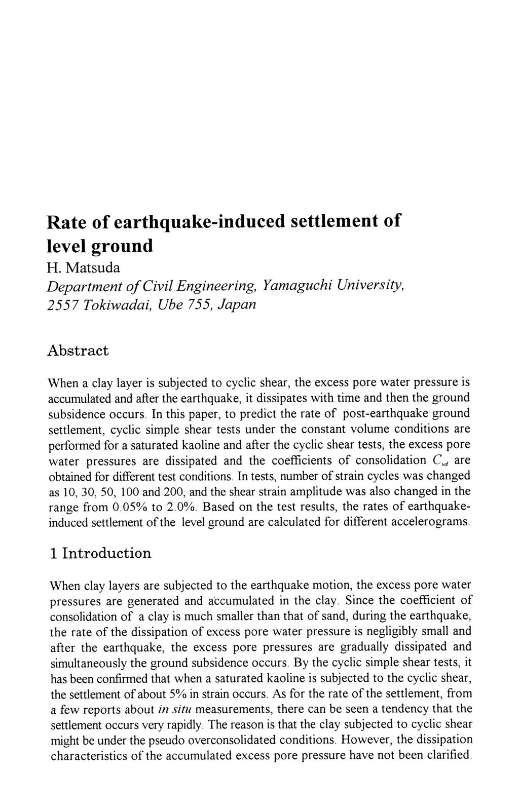 Rate of earthquake-induced settlement of level ground H.