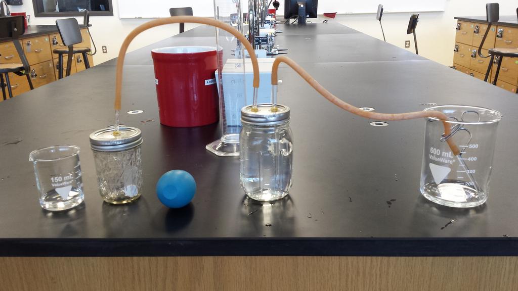 Glassware for Finding the Volume of Gas Produced in a Chemical Reaction The chemical reaction occurs in the small jar on the left.