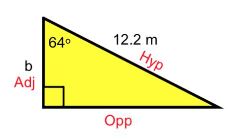 sin x = opp hyp cos x = adj hyp tan x = opp adj Your hypotenuse is the length across from the right angle, the adjacent length is the one next to the angle you are given, and the opposite length is