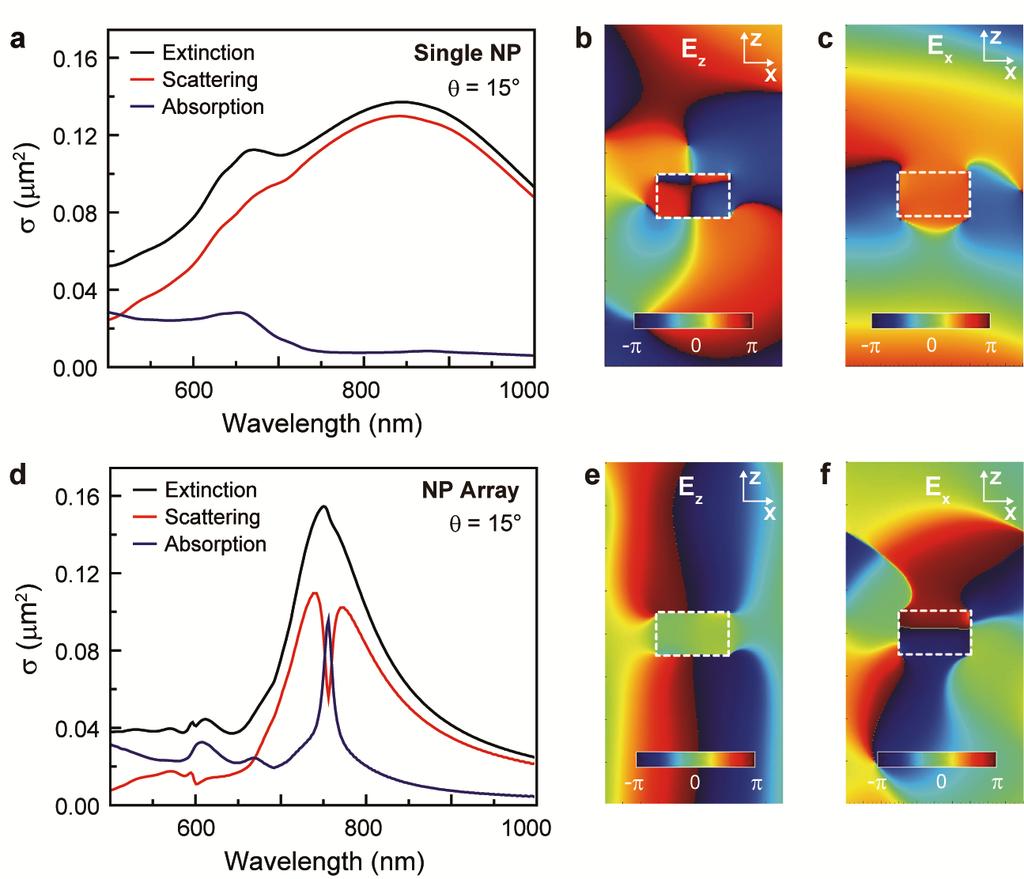 Figure S1. Electric field and phase distributions in strong coupled gold nanoparticle arrays are different for in-plane and out-of-plane components.