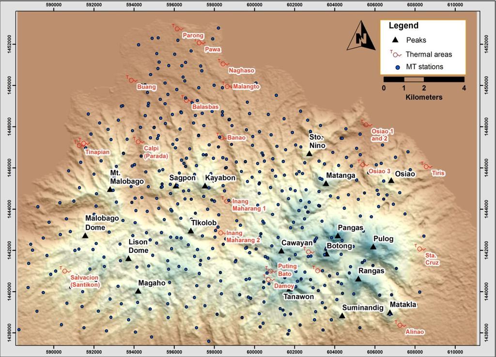 of volcanic centers, thermal areas and packets of low resistivity anomaly previously mapped by Schlumberger surveys in the western sector of Bac-Man.