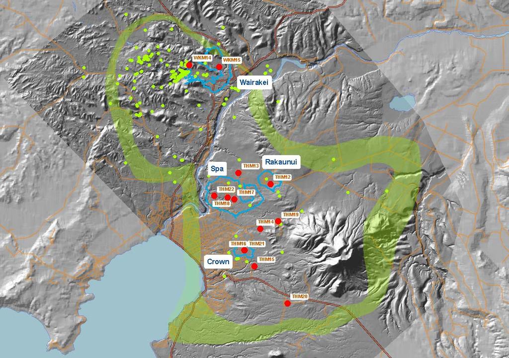 Figure 1: Map of the Wairakei-Tauhara Geothermal System. The resistivity boundary is shown by the green band.