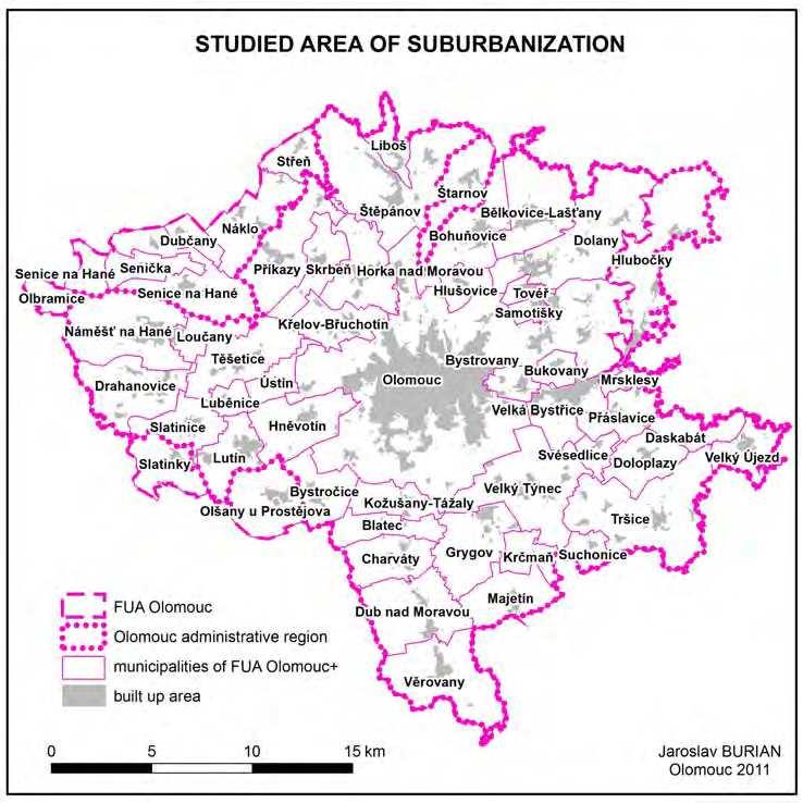 Identification and Analysis of Urbanization and Suburbanization in Olomouc Region Possibilities of GIS Analytical Tools 153 Fig. 6. Demarcation of the FUA Olomouc+ area 4.