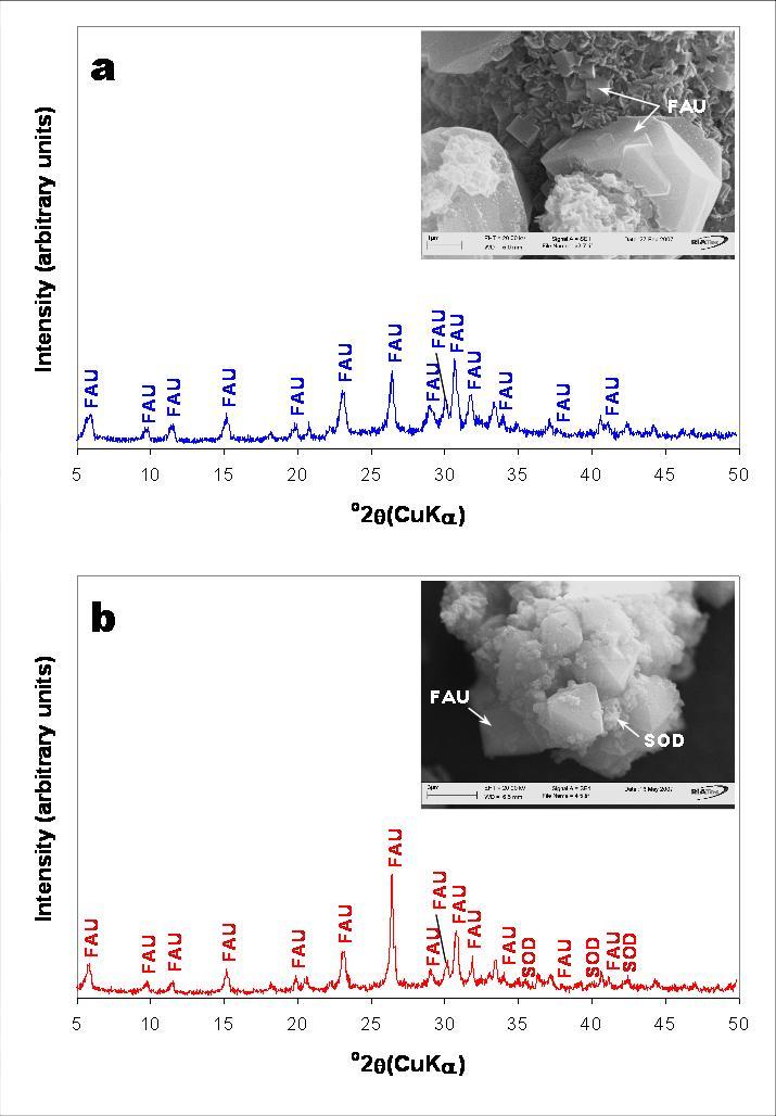 Fig. 1. XRD patterns and SEM images of the sorbents used to clean-up AMD: (a) fly ash-based faujasite and (b) natural clinker-based faujasite. FAU, faujasite; SOD, hydroxysodalite-like structure.