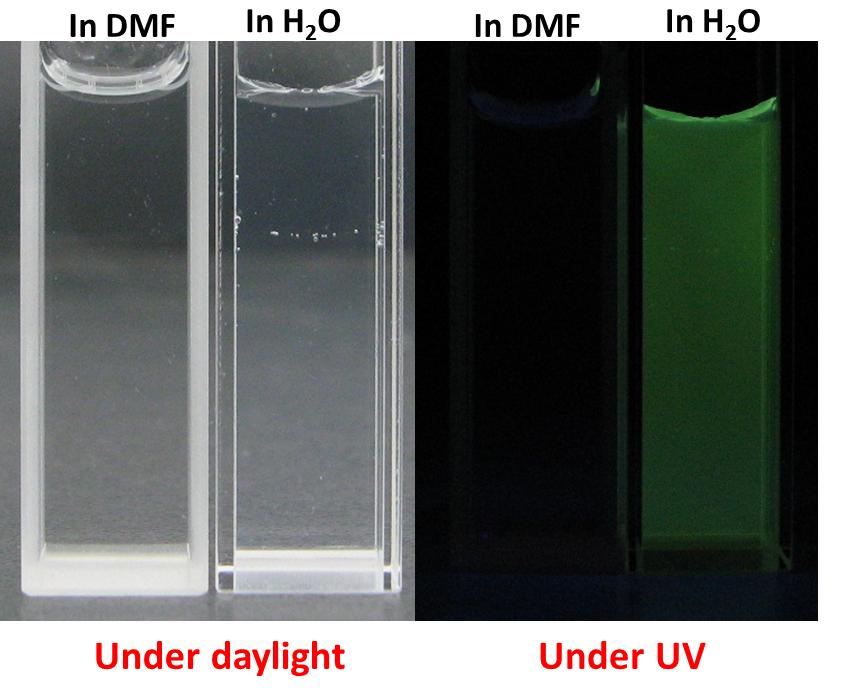 Fig. S5 Pictures of t-phim-thi-br in DMF and H 2 O under daylight and UV, respectively. Fig.