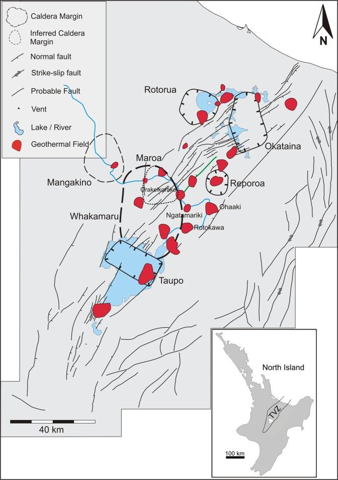 Figure 6: Map showing locations of the geothermal fields, caldera margins and the dominant NE-SW strike of faults in the Taupo Volcanic Zone. Paeroa Fault is indicated in bold green. 3.