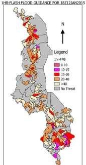 The lower values of flash flood guidance (reds and purple) indicate catchments are most vulnerable to flash floods, as little rainfall is needed to cause bank full flow.