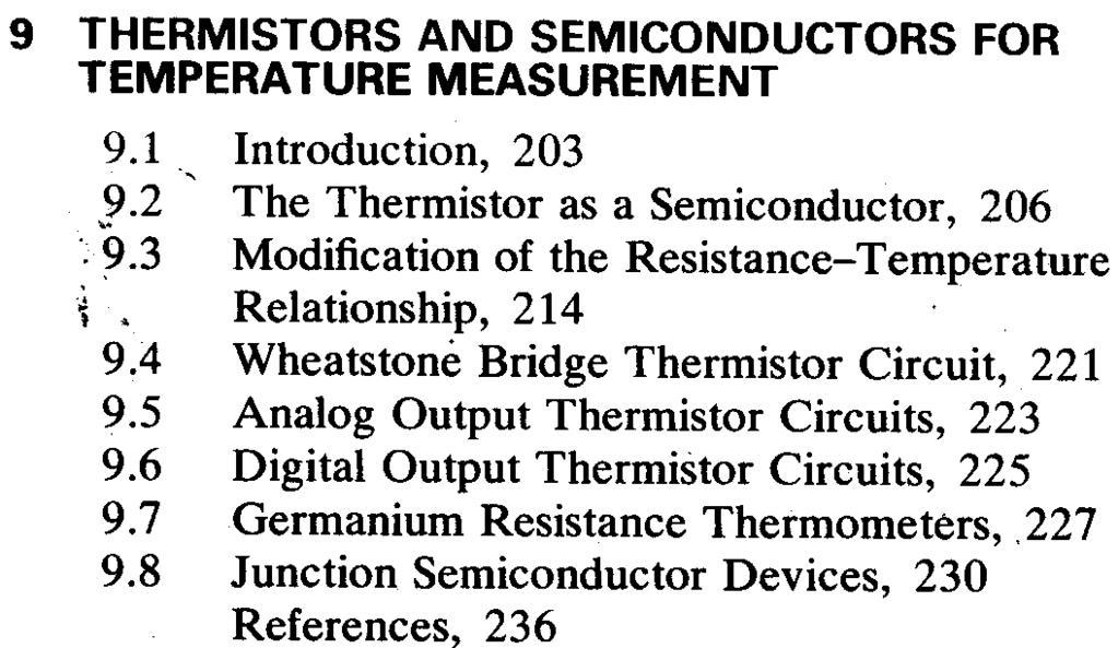 xii 9 THERMISTORS AND SEMICONDUCTORS FOR TEMPERATURE MEASUREMENT 9.1 Introduction, 203.9.2 The Thermistor as a Semiconductor, 206.9.3 Modification of the Resistance- Temperature ~.Relationship, 214 9.