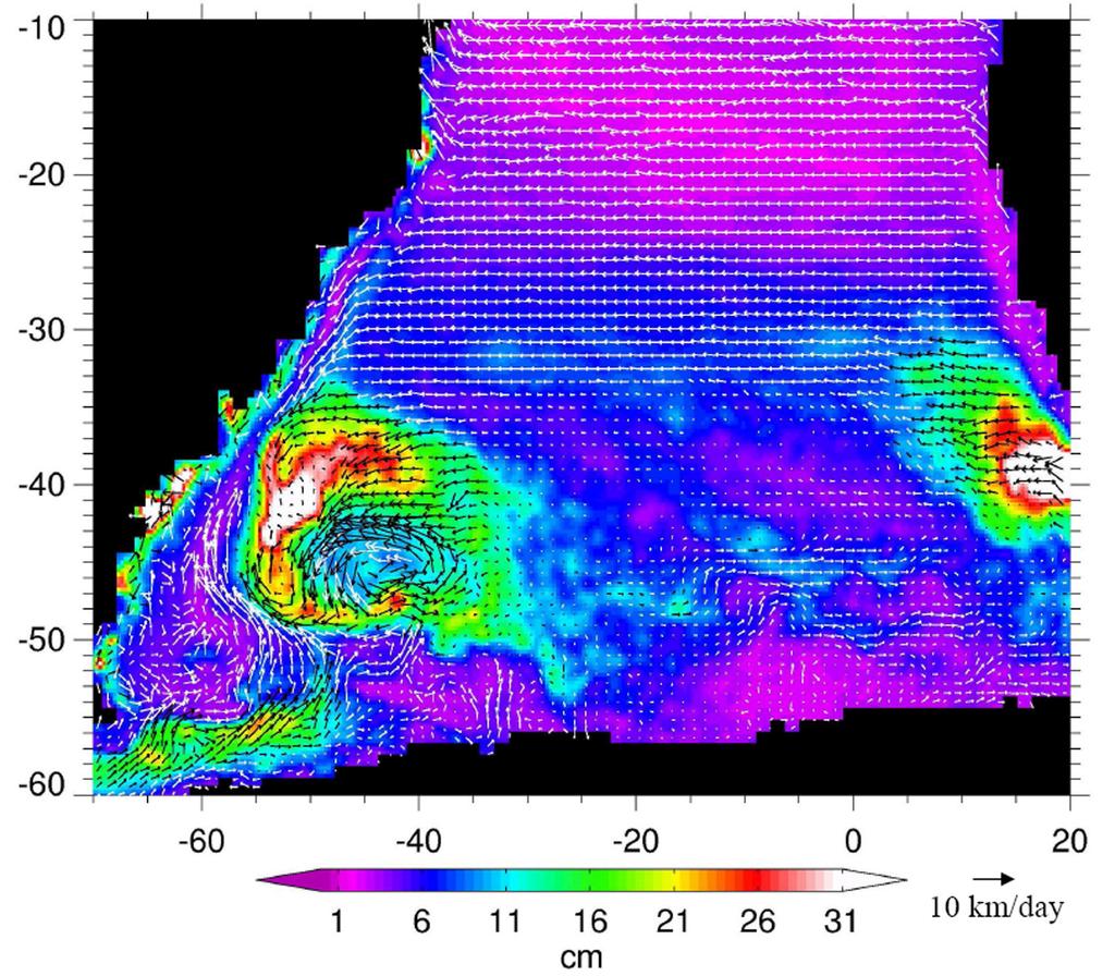 FU: EDDIES IN THE SOUTH ATLANTIC OCEAN Figure 1. The color shading displays the standard deviation of sea surface height in cm. The arrows show the vectors of eddy propagation velocity.