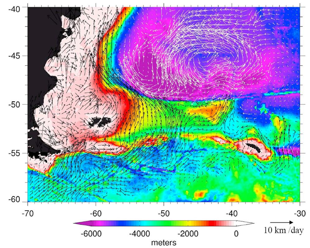 FU: EDDIES IN THE SOUTH ATLANTIC OCEAN Figure 2. A close-up of the eddy propagation velocity in the Argentine Basin. The color shading displays the depths of the ocean bottom.