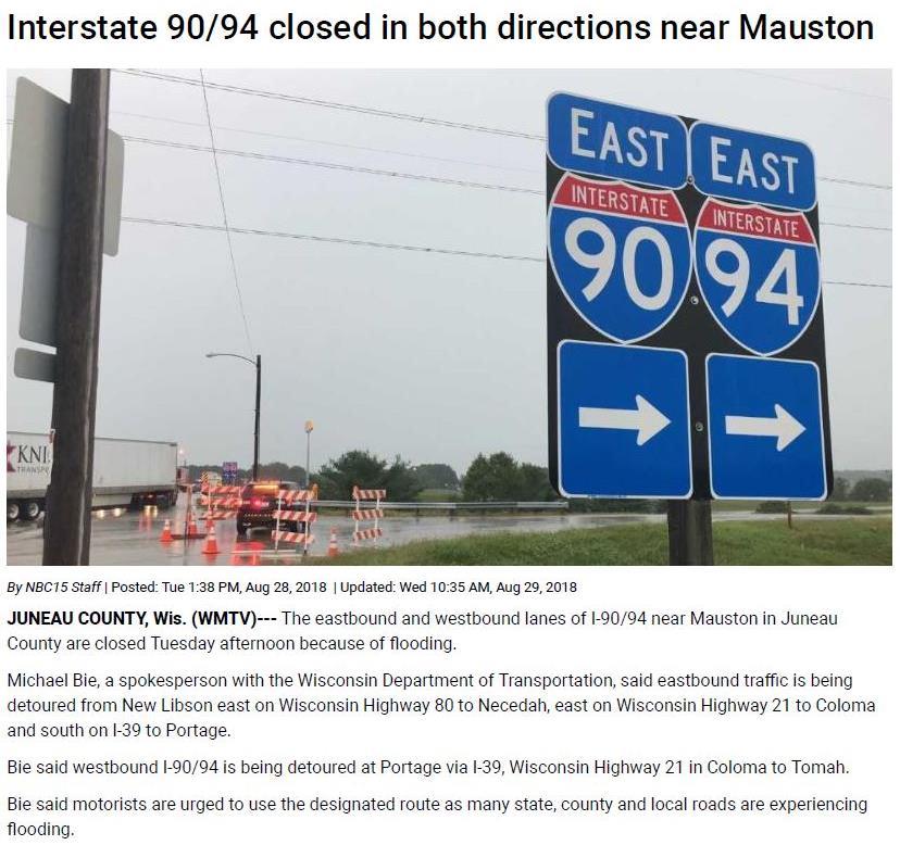 Standing Water on Interstate 90-94 caused a portion of the