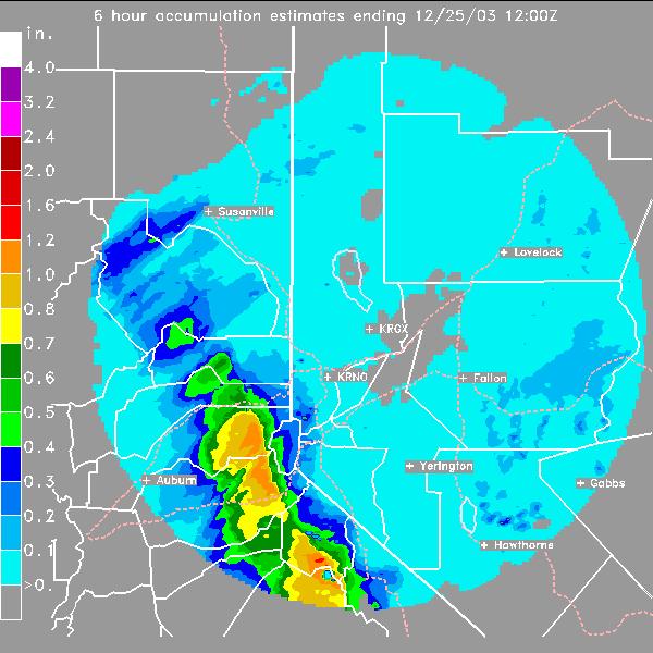 2.3.4 Case of 1-2 January 2004 A New Year's day snow event in 2004 presented a case in which the radar-derived QPE indicated more intense precipitation accumulations than predicted by the CNRFC QPF