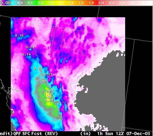 Radar-derived 6-hour accumulated precipitation (inches) at 06 UTC 7 Dec 2003.