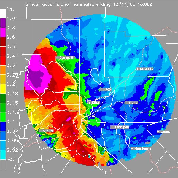 CNRFC 6-hour QPF product for the the period ending 12 UTC 14 Dec 2003. White text values are sampled from the grid using GFE. Figure 8b.