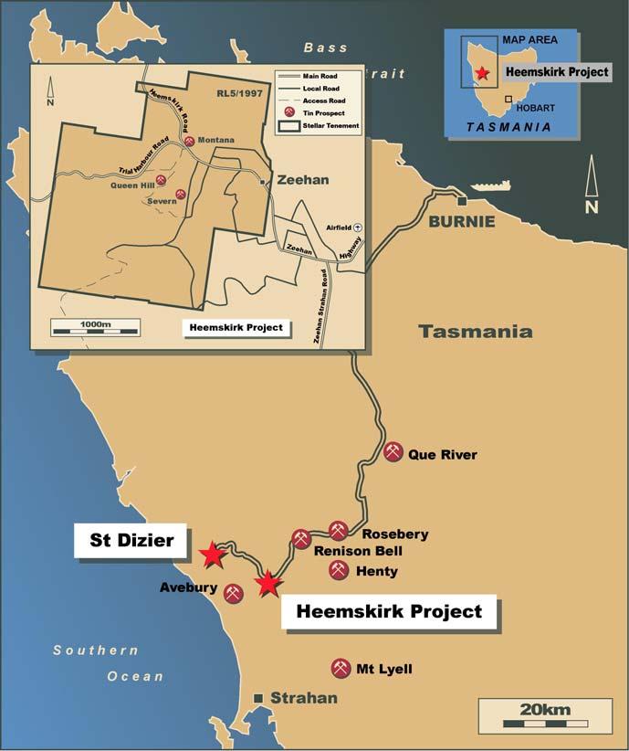 Great Location - Multiple Deposits 100% owned Heemskirk tin project 100% owned St Dizier tin deposit Significant mining district Easy access