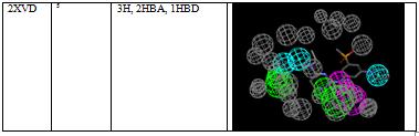 5 Cyan = hydrophobic Green = hydrogen bond acceptor Purple = hydrogen bond donor Grey = excluded volumes Each model shows most