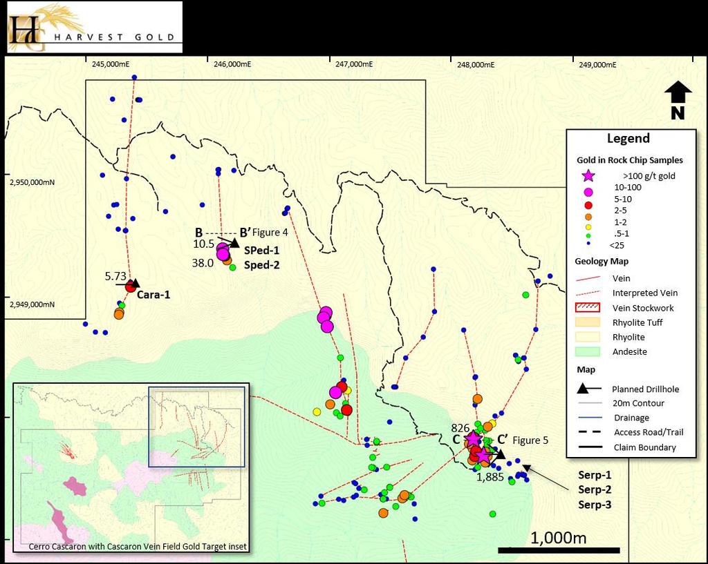 3 Cascaron Vein Field Gold Targets Four drill holes from one site are planned to test the San Pedro vein, where high grade gold and silver veins are defined by channel sampling, and by gold, silver,