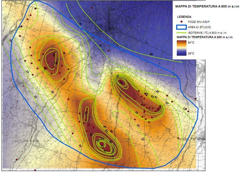 Using data extrapolated from geothermal sections and geothermal wells has estabilished a map of temperature at 800 meters depth.
