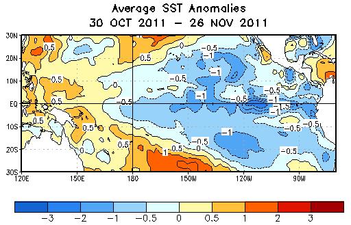 OWSC Newsletter December 5, 2011 Page 8 of 8 Climate Outlook Weak-to-moderate La Niña conditions are present in the equatorial Pacific Ocean.