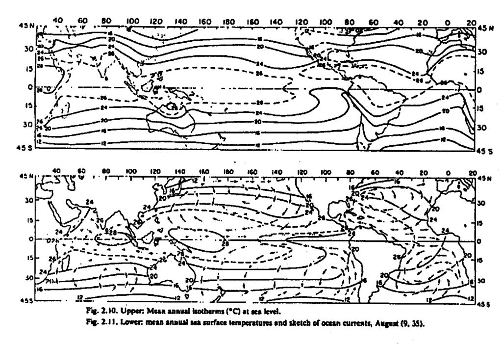 CHAPTER 1. INTRODUCTION TO THE TROPICS 17 Figure 1.14: Mean annual surface air temperature (upper panel) and sea surface temperature (lower panel) in the tropics. both land and sea areas.