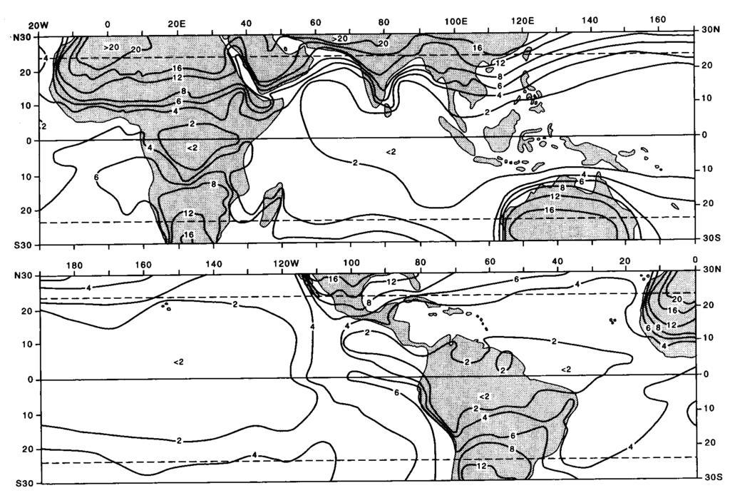CHAPTER 1. INTRODUCTION TO THE TROPICS 18 Figure 1.15: Mean annual temperature range ( ffi C) of the air near sea level.