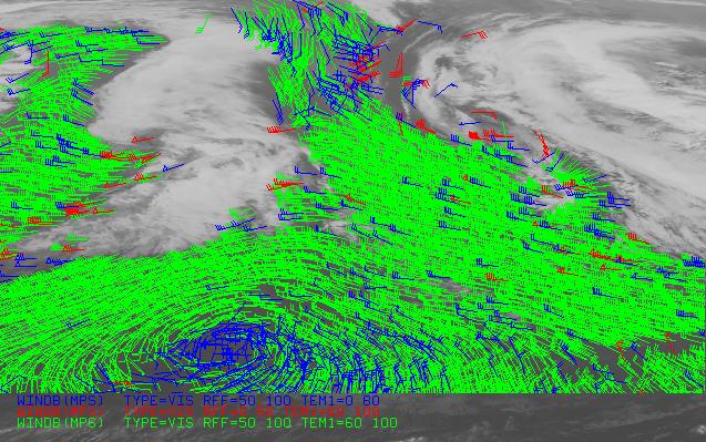 Figure 5. GOES low-level visible winds for 3 February 1998 at 2330 GMT overlaid on the corresponding visible image.