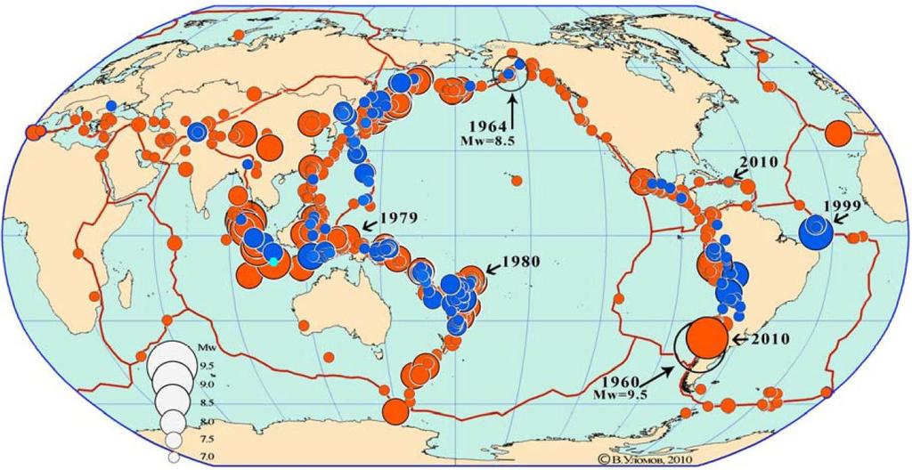 Fig. 1. The epicenters of major earthquakes of the Earth for the period from January 1996 to May 2010.