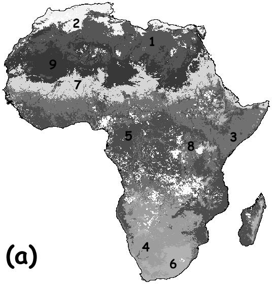Countries form polygons (Fig. 1). Each polygon is projected to the cluster image (Fig. 5a). Then the percent of area (occurrence) occupied by each cluster per country is computed (Table III).