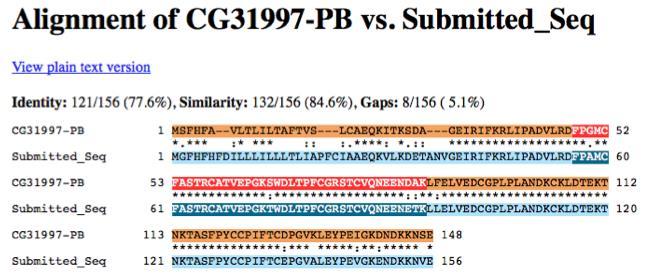 3. Alignment between the submitted model and the D. melanogaster ortholog Show an alignment between the protein sequence for your gene model and the protein sequence from the putative D.