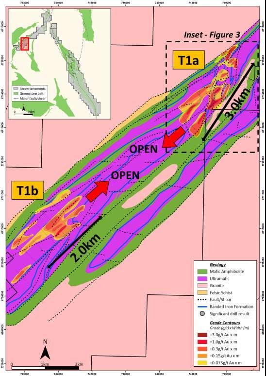 Figure 2: T1 Prospect plan view showing gold grade contours Multiple Bedrock Gold Anomalies Defined at T1 Prospect Arrow has completed a major aircore drilling programme at the T1 Prospect which has