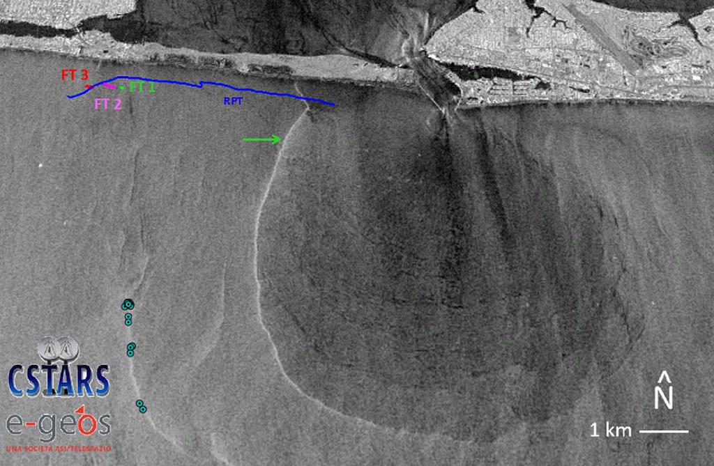 Figure 4. SAR image collected at 11:28:12 UTC on 17 December. Transect lines were collected after 6 h after SAR image. Blue line is the River Plume Transect (RPT).