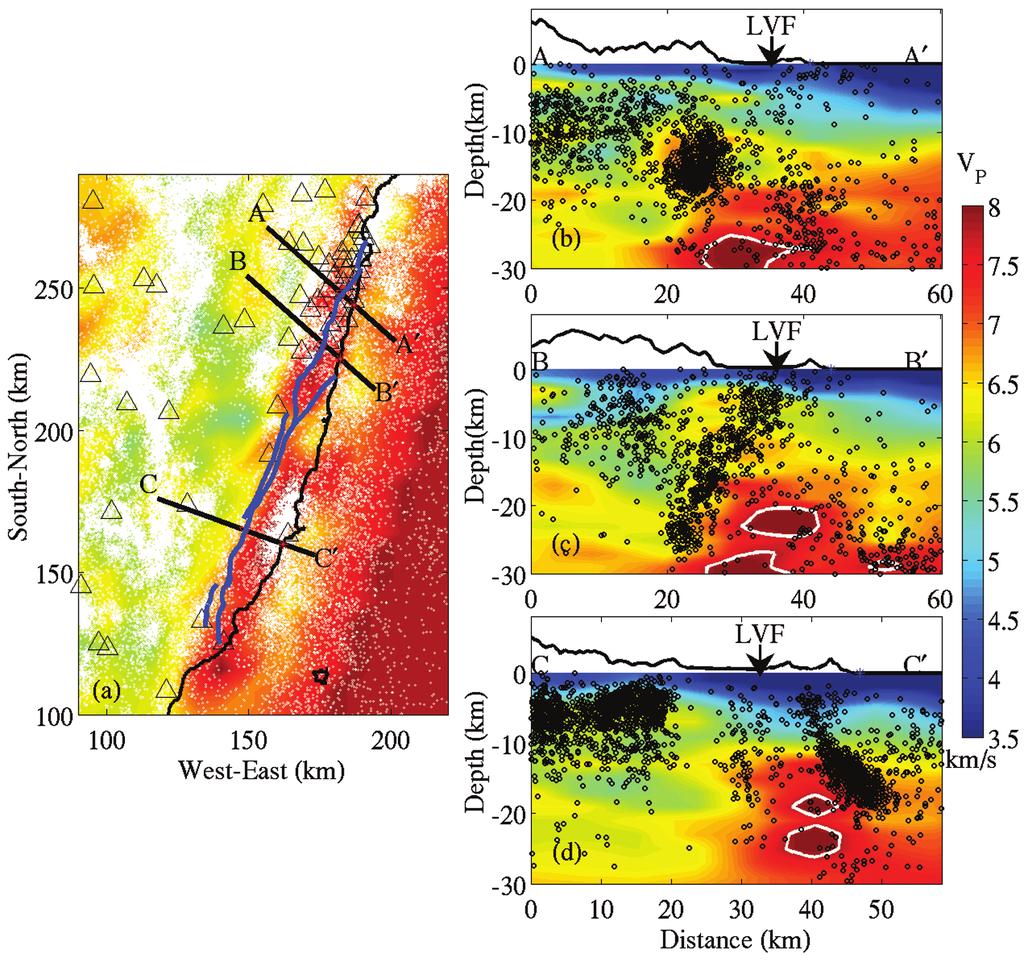 1375 Short Note Figure 6. (a) Map view of the horizontally sliced P-wave velocity at the depth of 20 km.