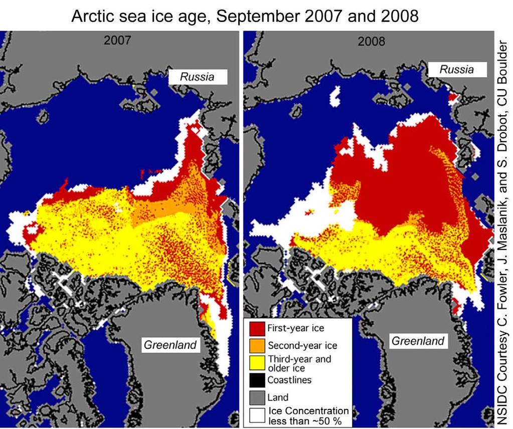 Arctic sea ice age 2007 & 2008 There is less multi-year ice.