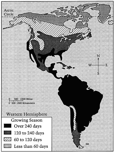5. The information on the map shows that A. Brazil has a shorter growing season than Argentina has B. New York has a longer growing season than Chicago has C.