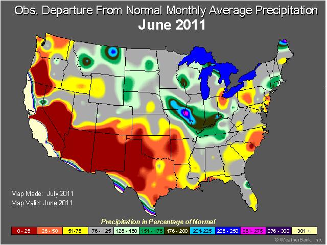 The following graphics depict JUNE 2012 departure from normal precipitation compared to JUNE 2011 (this year to last year; LY to TY ): The following presentation shows monthly statistics for our