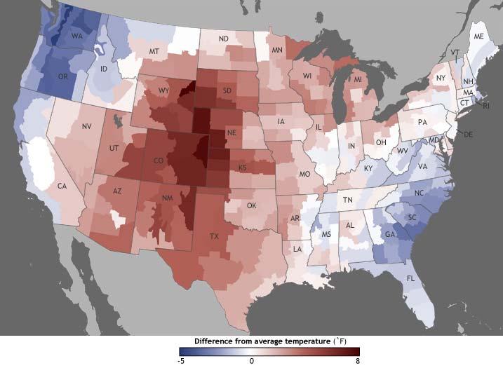 The map above shows where in the United States June 2012 temperatures were different from the 1981 2010 NORMAL.