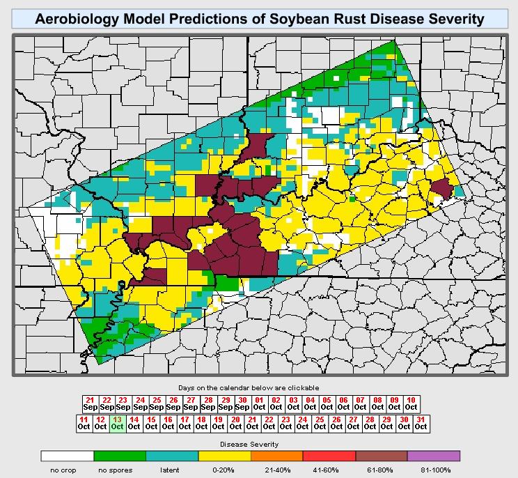 One week later, soybean rust had been discovered in numerous counties within the region. The model predicted pustules would become visible before infections were actually found.