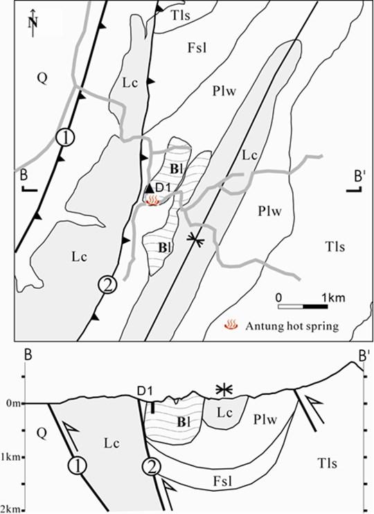 Figure 3: Geological map and cross section near the radon-monitoring well in the area of Antung hot spring (adapted from Kuo et al.