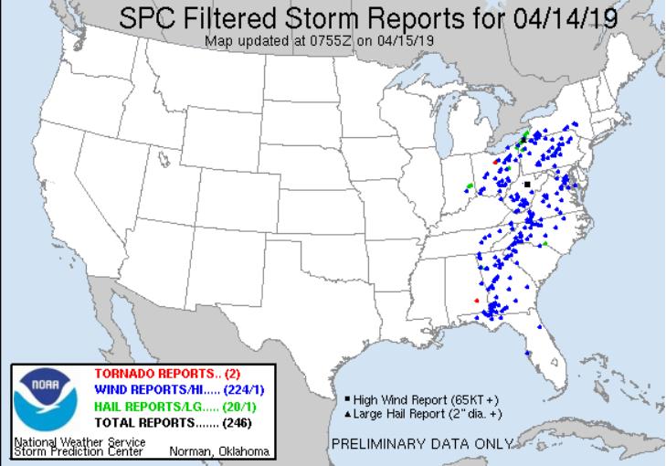 Severe Weather TX to Mid-Atlantic - FINAL Current Situation: Preliminary storm reports for April 13 show 19 tornado, 120 wind, and 31 hail reports; April 14 show 2 tornado, 18 hail, and 190 wind